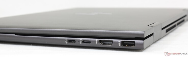 Höger: 2x USB-C (10 Gbps) med Power Delivery + DisplayPort 1.4, HDMI 2.1, USB-A (10 Gbps)