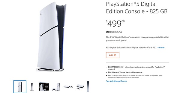 Sony säljer inte längre PS5 Digital Edition med 1 TB lagringsutrymme på PlayStation Direct-webbplatsen. (Bildkälla: PlayStation)