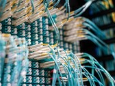 Blå fiberoptiska kablar med vita kontakter anslutna till en patchpanel i ett datacenter