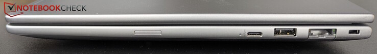 Höger sida: SIM-kortplats (tillval), USB-C (20 Gb/s), USB-A (5 Gb/s), LAN (1 Gb/s), Kensington
