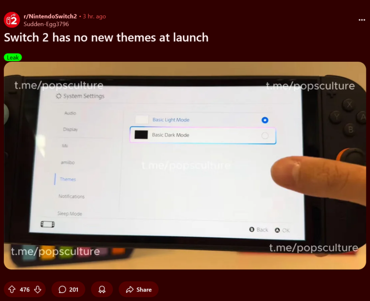 Nintendo Switch 2 unboxing-video som visar teman (Bildkälla: skärmdump, Nintendo Switch 2 subreddit)