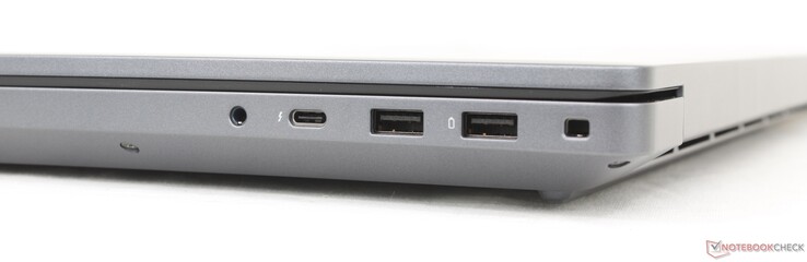 Höger: 3,5 mm headset, USB-C Thunderbolt 4 (40 Gbps) med DisplayPort + Power Delivery, 2x USB-A 3.2 Gen. 1 (5 Gbps), låsplats