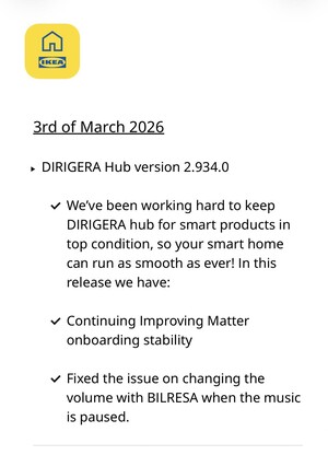 Release Notes för programvaran IKEA Dirigera Hub version 2.934.0