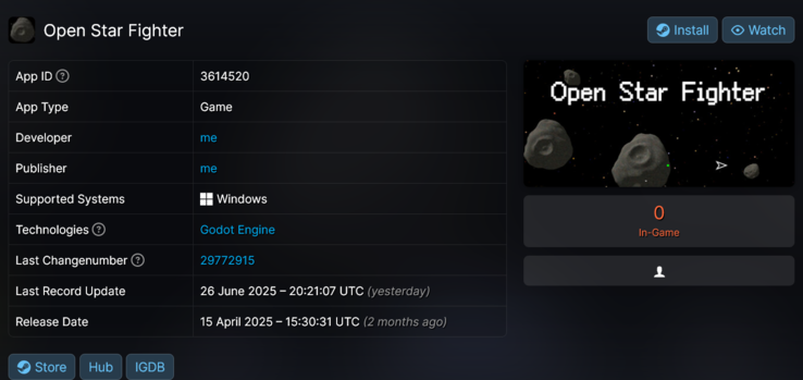 Open Star Fighter stolen Steam-spel (Bildkälla: skärmdump, SteamDB)