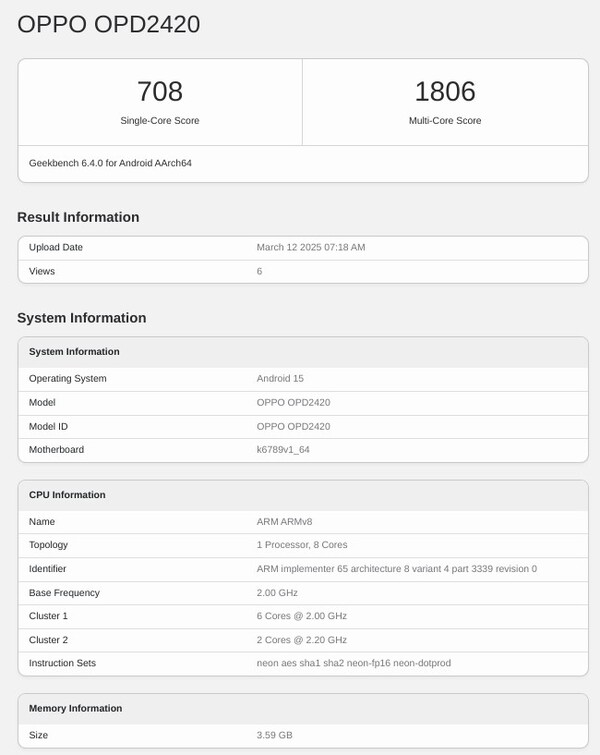 Oppo Pad SE visas på Geekbench. (Bildkälla: Geekbench)