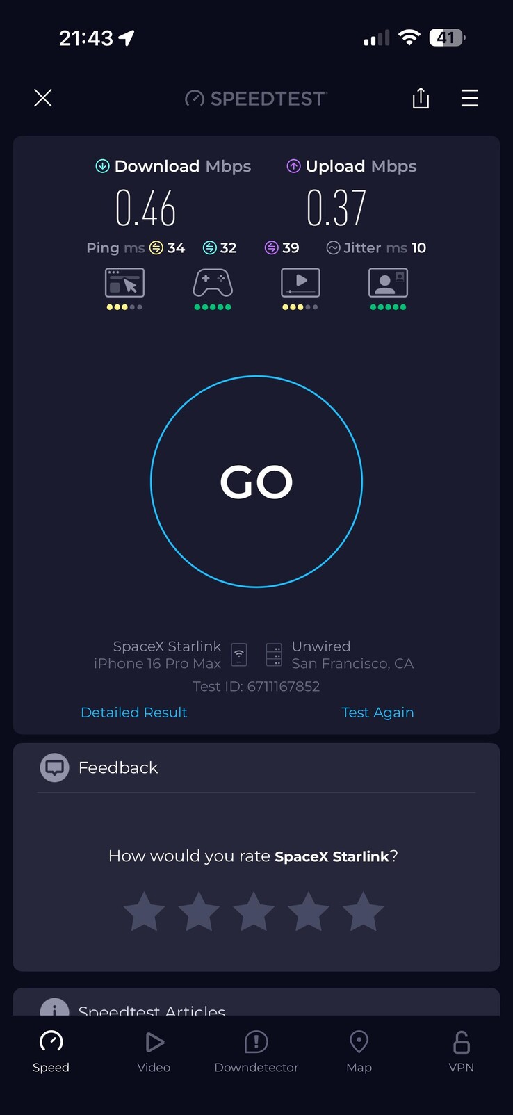 Nedladdningshastigheter för Starlink Standby Mode. (Bildkälla: ilikewolves99/Reddit)