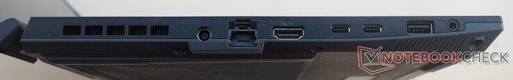 Vänster sida: ström, RJ45 LAN, HDMI 2.1, 2x USB-C 3.2 Gen2 (inkl. DisplayPort), USB-A 3.2 Gen1, ljud