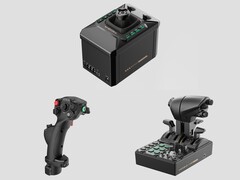 Moza AB6-bas (överst), MHG Flightstick (nederst till vänster) och MTQ Throttle Quadrant (nederst till höger). (Bildkälla: Moza, redigerad)