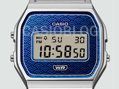 En närbild av Casio A159WEV-klockans urtavla med Casioblogs vattenstämpel.