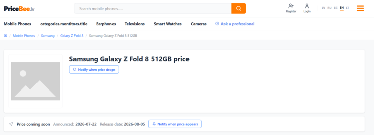 Pricebee, som har sitt säte i Lettland, anger den 5 augusti som lanseringsdatum för Samsung Galaxy Z Fold 8.