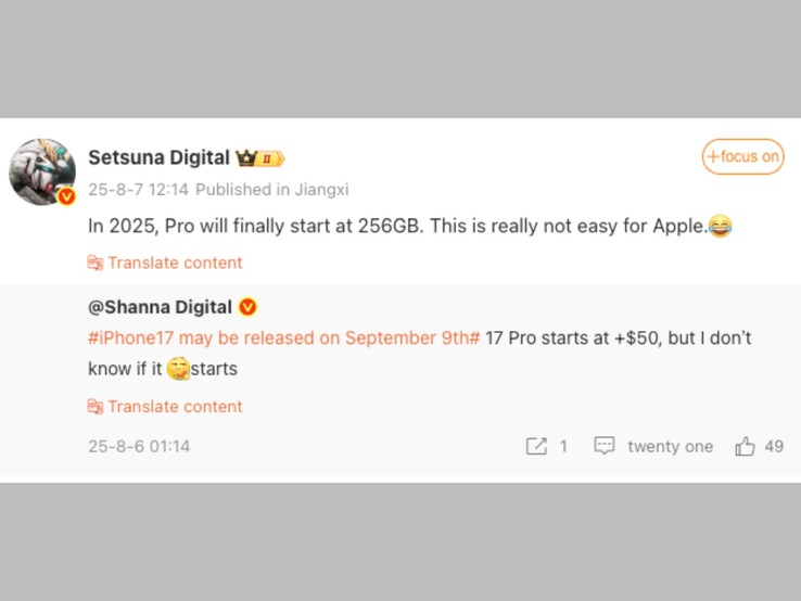 Weibo-inlägg av läckan som talar om iPhone 17 Pro bas 256 GB-modell. (Bildkälla: Setsuna Digital på Weibo, skärmdump)