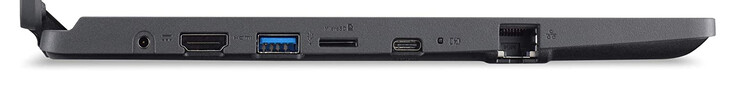 Vänster sida: strömanslutning, HDMI, USB 3.2 Gen 1 (typ A), kortläsare (microSD), USB 3.2 Gen 1 (typ C; DisplayPort, Power Delivery), Gigabit Ethernet
