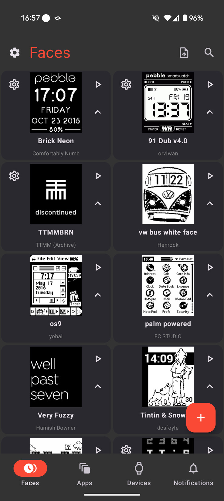 En skärmdump av några av Watch Faces i den nya Pebble-appen. (Bildkälla: Eric Migicovsky via X.com)
