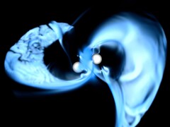 vy av en superdatorsimulering av sammanslagna, magnetiserade neutronstjärnor