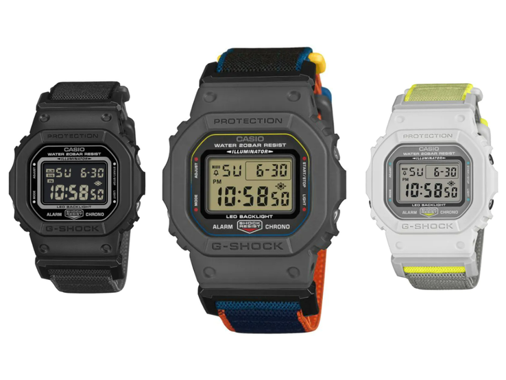 Från vänster till höger: klockorna Casio G-Shock DW-5600MNC-1, DW-5600MNC-8A2 och DW-5600MNC-7A8