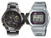 Den nya Casio MR-G-läckan antyder en crossover mellan dessa två världar. På bilden - Casio MRG-G1000HT-1A till vänster, ett "X" i mitten och Casio MRG-B5000 fyrkantig G-Shock till höger. (Bildkälla: Casio - Redigerad)