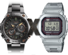 Den nya Casio MR-G-läckan antyder en crossover mellan dessa två världar. På bilden - Casio MRG-G1000HT-1A till vänster, ett "X" i mitten och Casio MRG-B5000 fyrkantig G-Shock till höger. (Bildkälla: Casio - Redigerad)