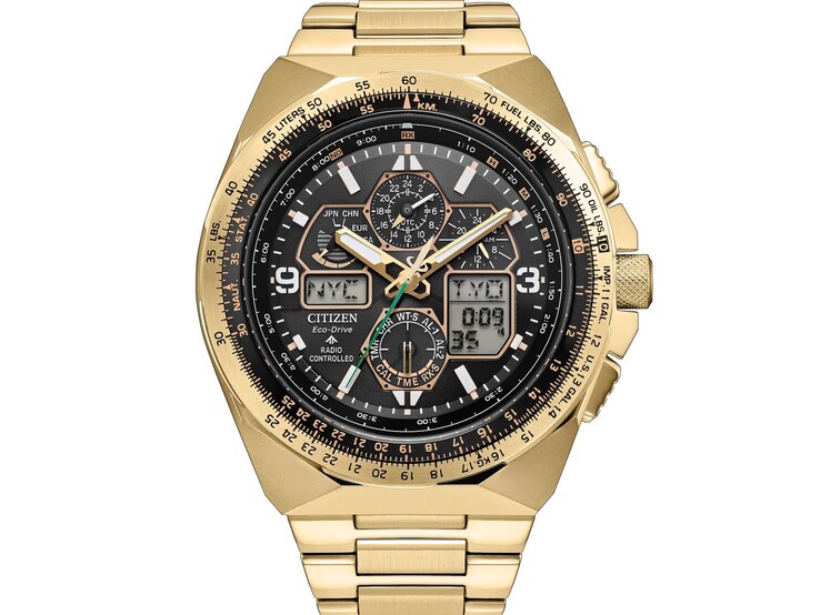 Citizen Promaster Skyhawk A-T JY8144-50E pilotklocka med ett ljusguldtonat hölje och armband i rostfritt stål, svart urtavla, flera analoga underurtavlor, digitala displayer och en flyginspirerad bezel med räknesticka.