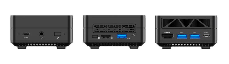 2x USB4 (8K@60Hz), HDMI 2.1 (4K@144Hz), 3x USB3.2 Gen2 Type-A, microSD-kortläsare, 3,5 mm jack, Kensington-kortplats (bildkälla: Minisforum)