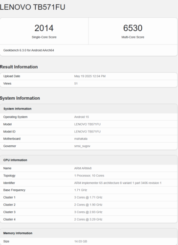 Lenovo Yoga Pad Pro med S1101-chip (bildkälla: Geekbench)