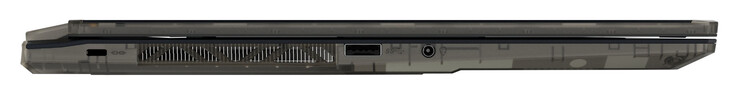 Vänster sida: plats för ett kabellås, USB 3.2 Gen 1 (USB-A), ljudkombiport