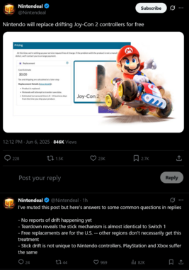 Nintendo-garantitäckning för Switch 2 Joy-Cons (Bildkälla: skärmdump, Nintendeal X-konto)
