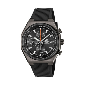 Casio Edifice EFSS660PB-1A kronograf med grå jonpläterad boett, svart resinarmband, svart strukturerad urtavla, röd central sekundvisare, tre hjälpurtavlor och takymeterskala.