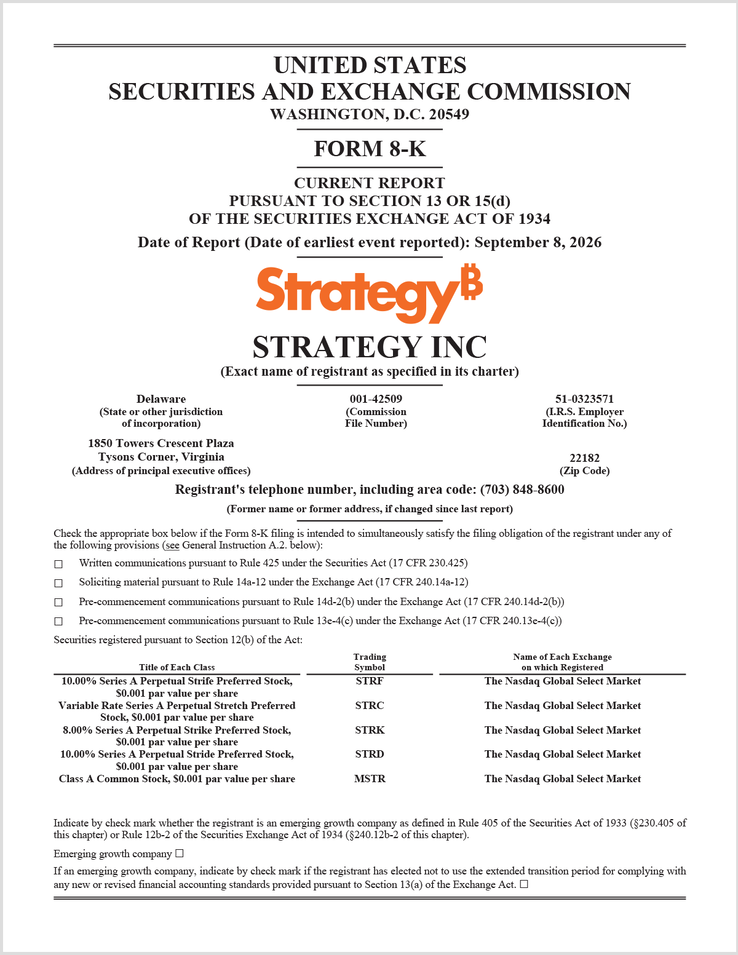 Strategys SEC-formulär 8-K • 8 september 2026