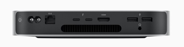 Baksida: strömknapp, strömsladd, Ethernet 2x USB-C 4.0 med Thunderbolt 4 (40 GBit/s, DisplayPort-ALT-läge), HDMI 2.0, 2x USB-A 3.2 Gen.1 (5 GBit/s), 3,5 mm ljud (Bild: Apple).