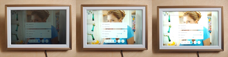 Ljusstyrka vid 0%, 50% och 100% nära ett skuggat fönster under dagtid. (ISO 100 f/1,6 1/30)