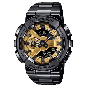 G-Shock GM-110BD-1A9 har en guldfärgad urtavla som ramas in av en helt svart jonpläterad ram i rostfritt stål