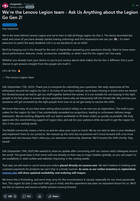 Lenovo Legion Go 2 förbeställningsuppdatering (Bildkälla: skärmdump, Lenovo Legion Go subreddit)