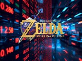Logotypen för nyinspelningen av The Legend of Zelda: Ocarina of Time framför Nintendos aktieticker