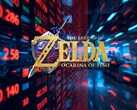 Logotypen för nyinspelningen av The Legend of Zelda: Ocarina of Time framför Nintendos aktieticker