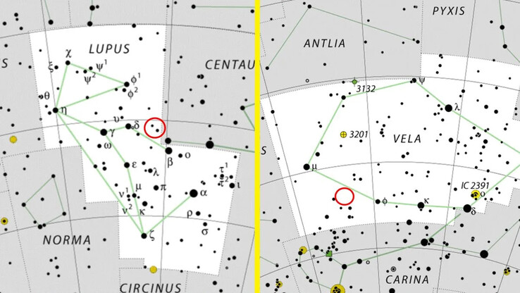 Platsen för novae V462 Lupi och V572 Velorum i konstellationerna Lupus och Vela. (Bildkälla: IAU/Wikimedia - Live Science)