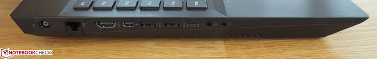 Vänster: DC-in, RJ45-LAN, HDMI, Mini-DisplayPort, 2x USB 3.0, Thunderbolt 3, ljud ut, ljud in