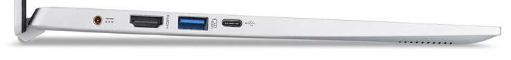 Vänster sida: strömuttag, HDMI-port, USB 3.2 Gen 1 (Typ-A) port, USB 3.2 Gen 1 (Typ-C) port