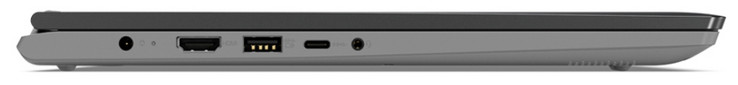 Vänster sida: nätadapter, laddnings-LED, HDMI, USB 3.0 Typ A, USB 3.1 Typ C, 3.5 mm ljudanslutning