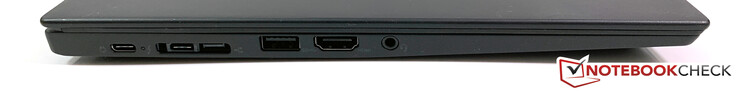 Vänster: USB-C 3.1 (Gen1), Thunderbolt 3, LAN, USB 3.0, HDMI 1.4b, 3.5 mm stereoanslutning