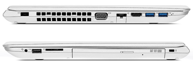 Right: power, vent, VGA, Ethernet, HDMI, 2x USB 3.0 / Left: audio in/out, USB 2.0, SD-card reader, DVD burner, Kensington