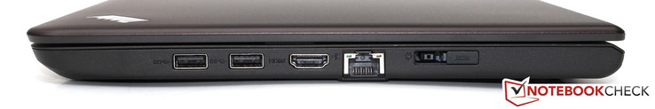 Right: 2x USB 3.0, HDMI, GBit LAN, power socket/OneLink