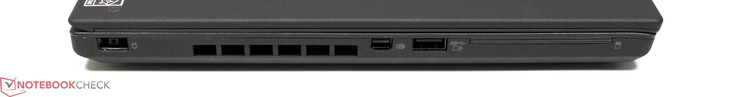 Vänstersidan: strömingång, fläkt, DisplayPort, USB 3.0 (med laddström), SmartCard (tillval)