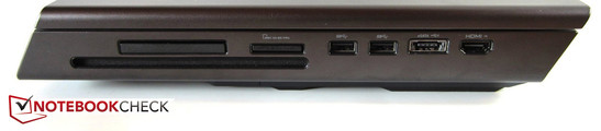 Högersidan: optisk enhet, ExpressCard (54 mm), 9-in-1 kortläsare, 2x USB 3.0, eSATA- / USB-2.0-Combo, HDMI-ingång