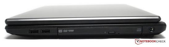 Höger: Avsmalnande utförande. Två USB 2.0-portar, DVD-läsare och ingång för nätadaptern.