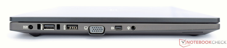 Left side: power, 2x USB 3.0, VGA, Mini-DisplayPort, 3.5 mm stereo jack