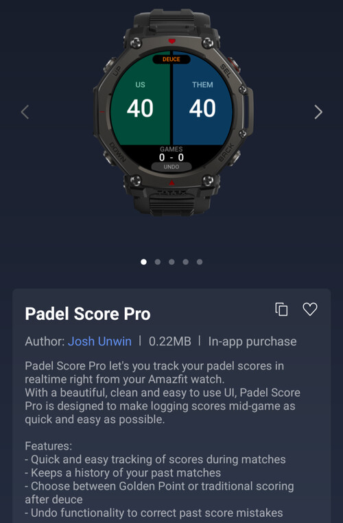 Padel Score Pro Mini-appen för Amazfit Smartwatches