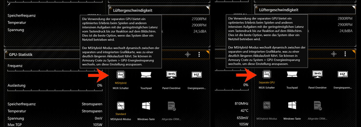 Endast ett litet avsnitt i Armoury Crate-programvaran visar om Optimus-läget ("MSHybrid") eller dGPU-läget ("Separate GPU") är aktivt.