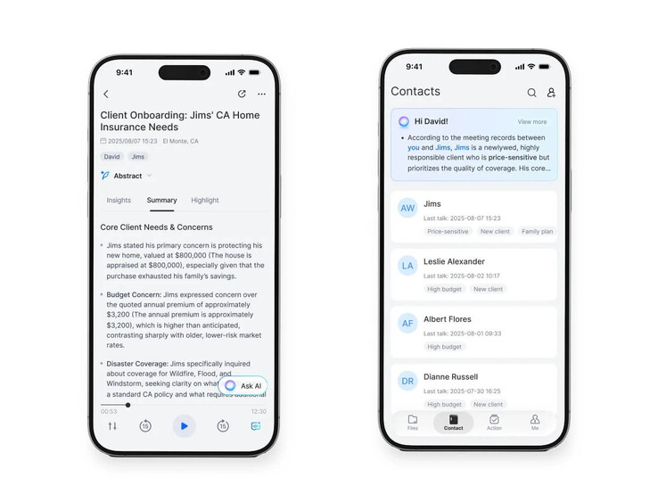 Till vänster visas en typisk sammanfattning. Namngivna personer kan läggas till i en kontaktlista.