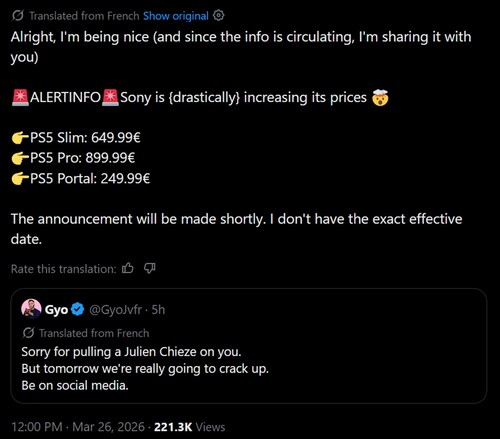 Maskinöversatt rykte om prishöjning på PS5 på X