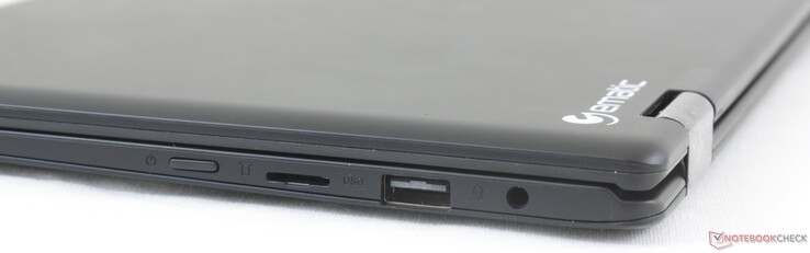 Höger: Strömbrytare, MicroSD-kortläsare, USB 2.0, 3.5 mm headset